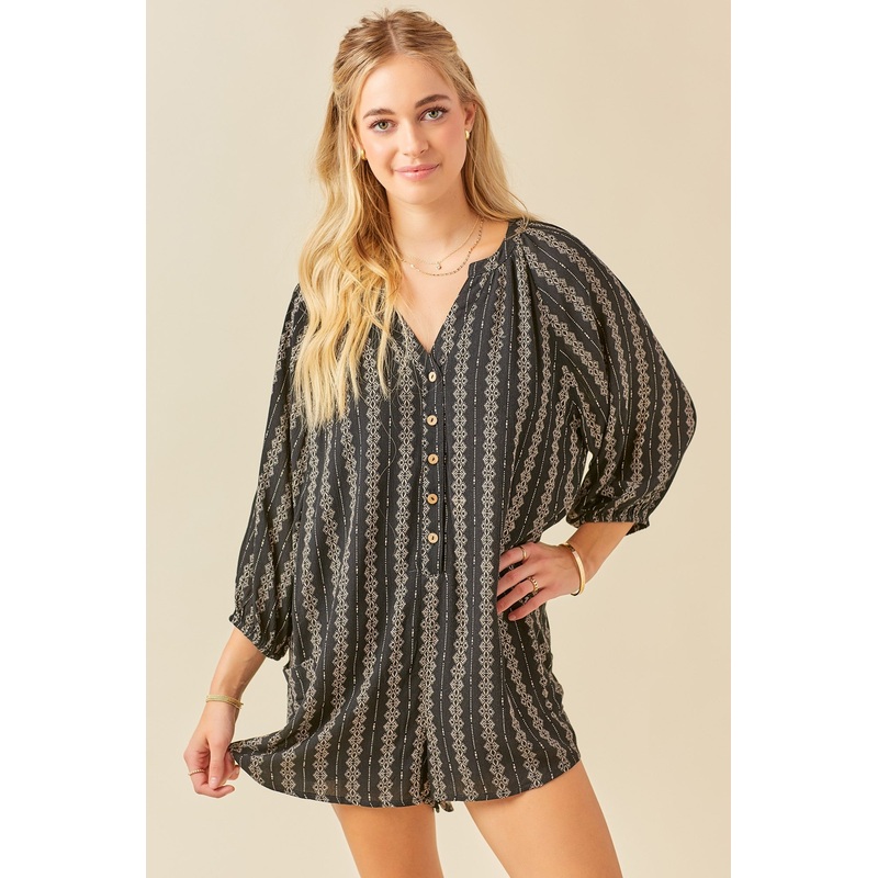 Black Printed Front Button Romper