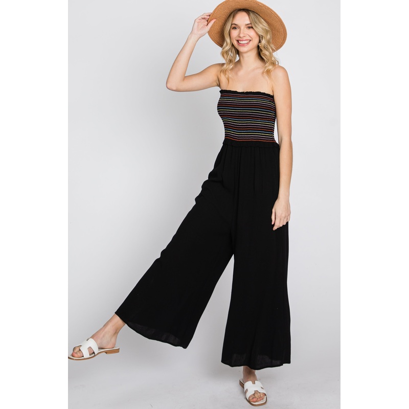 Black Striped Smocked Strapless Jumpsuit