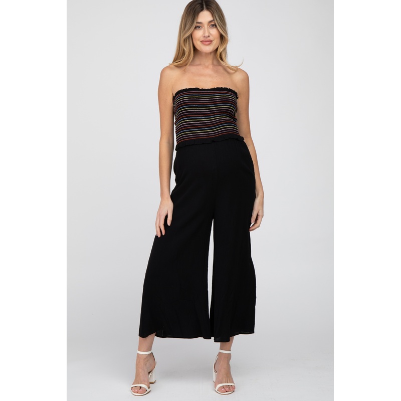 Black Striped Smocked Strapless Maternity Jumpsuit