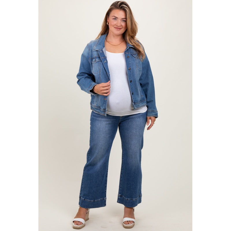 Blue Cuffed Wide Leg Maternity Plus Jeans