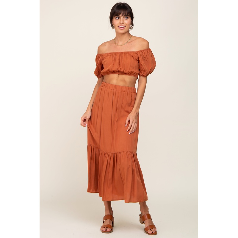 Camel Crop Top and Skirt Two Piece Set
