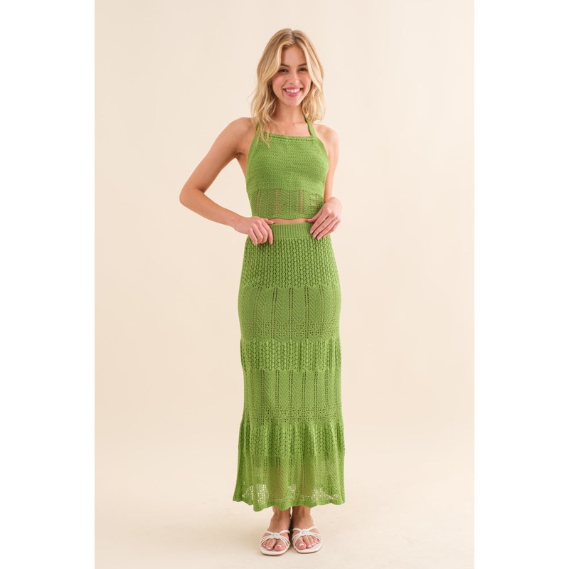 Green Crochet Top And Skirt Set