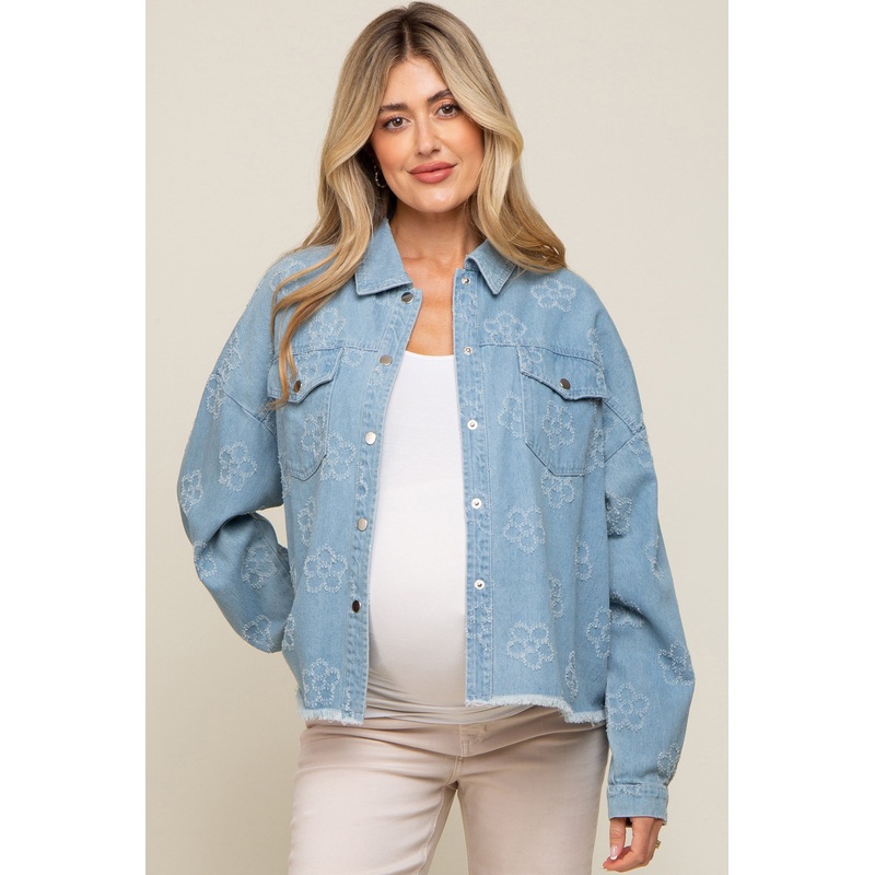 Light Blue Floral Embroidered Maternity Shirt Jacket