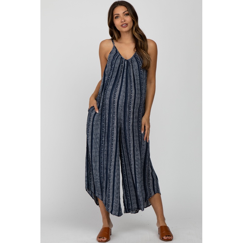 Navy Blue Printed Stripe Maternity Jumpsuit