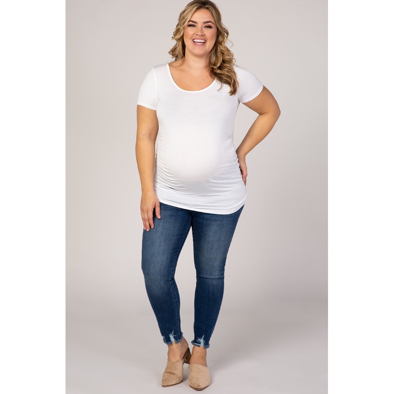 Navy Blue Raw Hem Maternity Plus Jeans