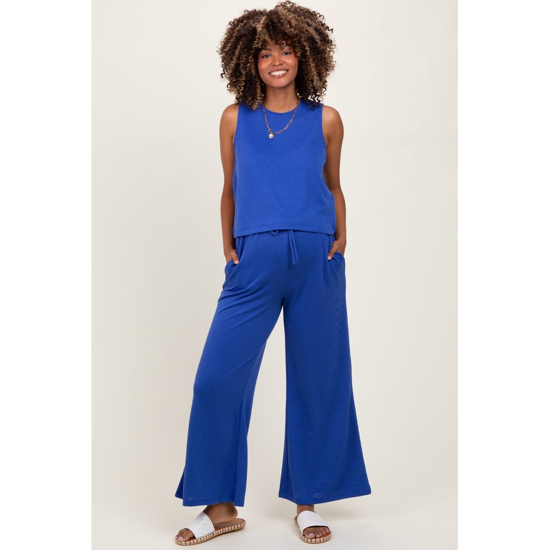 Royal Blue Sleeveless Top And Wide Leg Pants Maternity Set