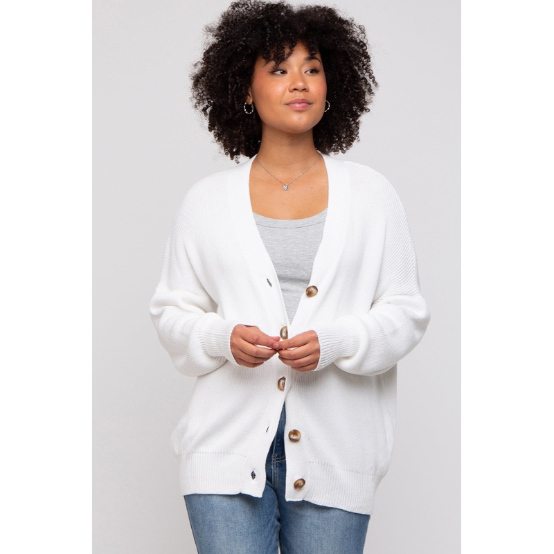 White Basic Ribbed Cardigan Sweater