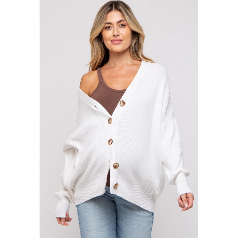White Basic Ribbed Maternity Cardigan Sweater