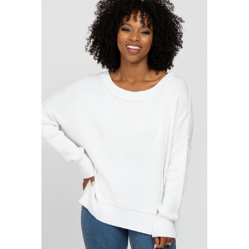 White Exposed Seam Side Slit Sweater