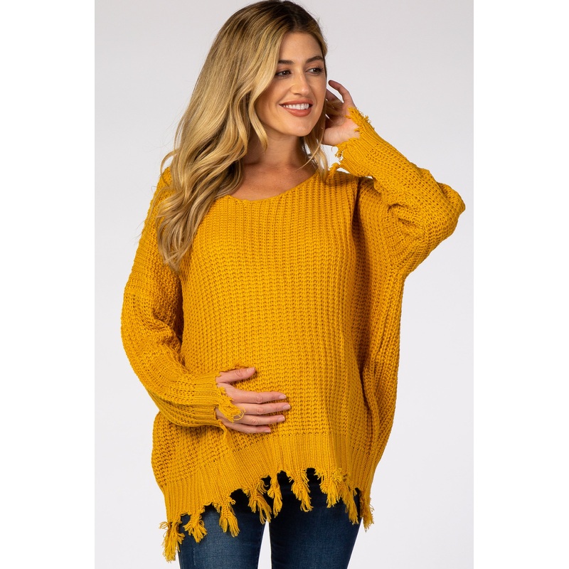 Yellow Distressed Fringe Maternity Sweater