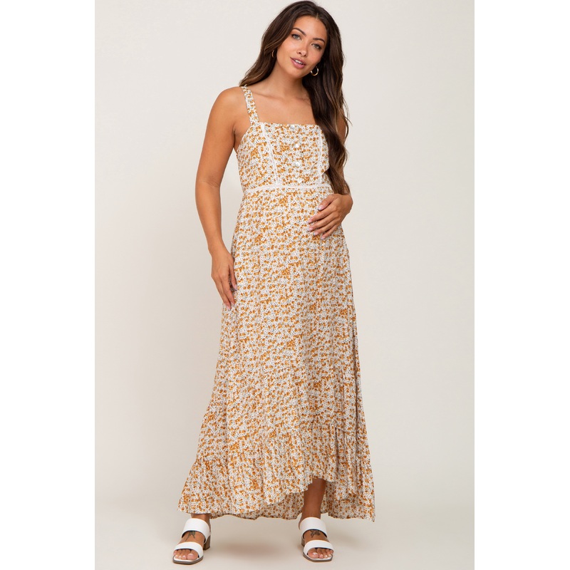 Yellow Floral Button Accent Maternity Maxi Dress