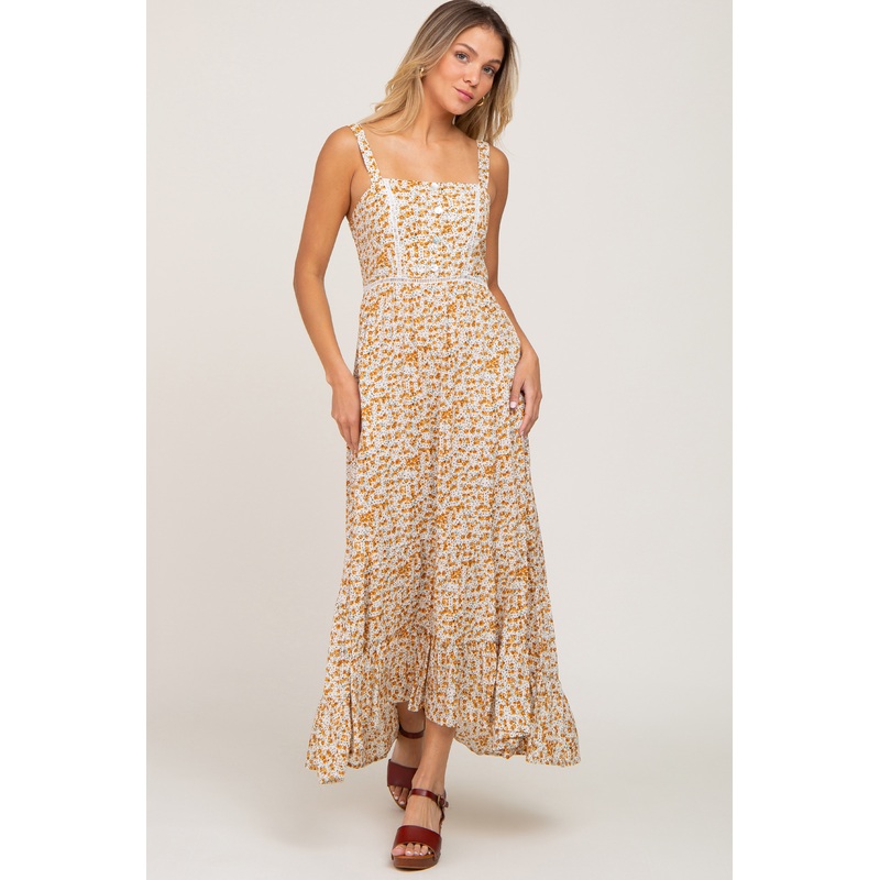 Yellow Floral Button Accent Maxi Dress