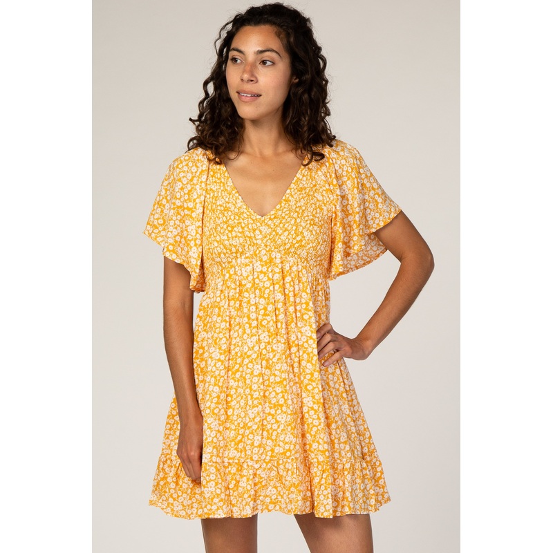 Yellow Floral Smocked Ruffle Dress