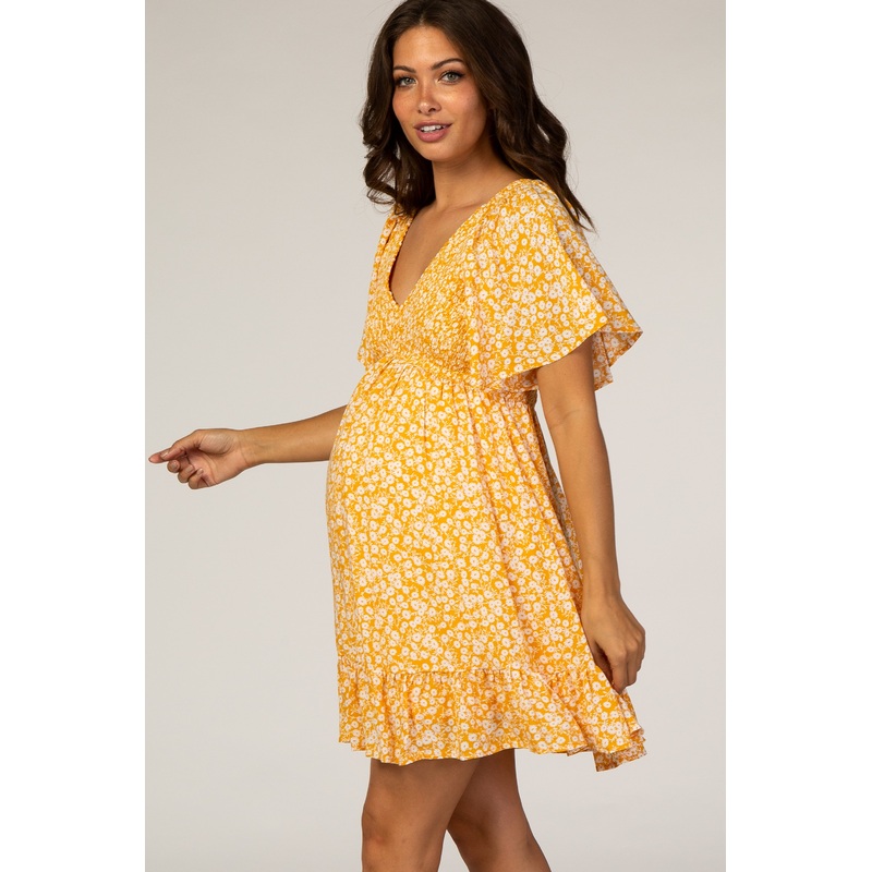 Yellow Floral Smocked Ruffle Maternity Dress