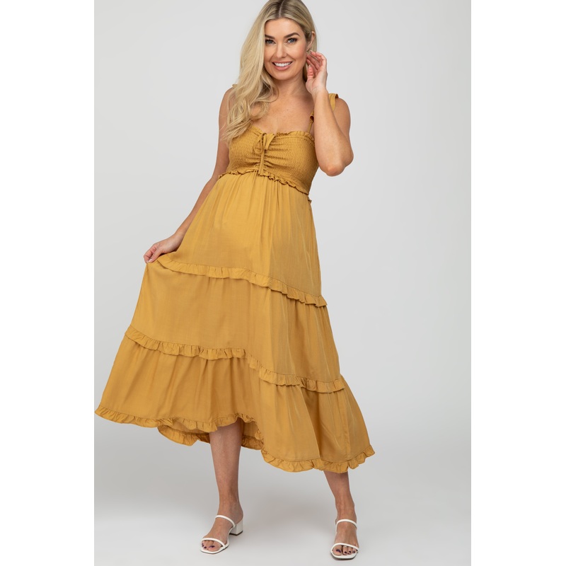 Yellow Ruffle Tiered Maternity Midi Dress