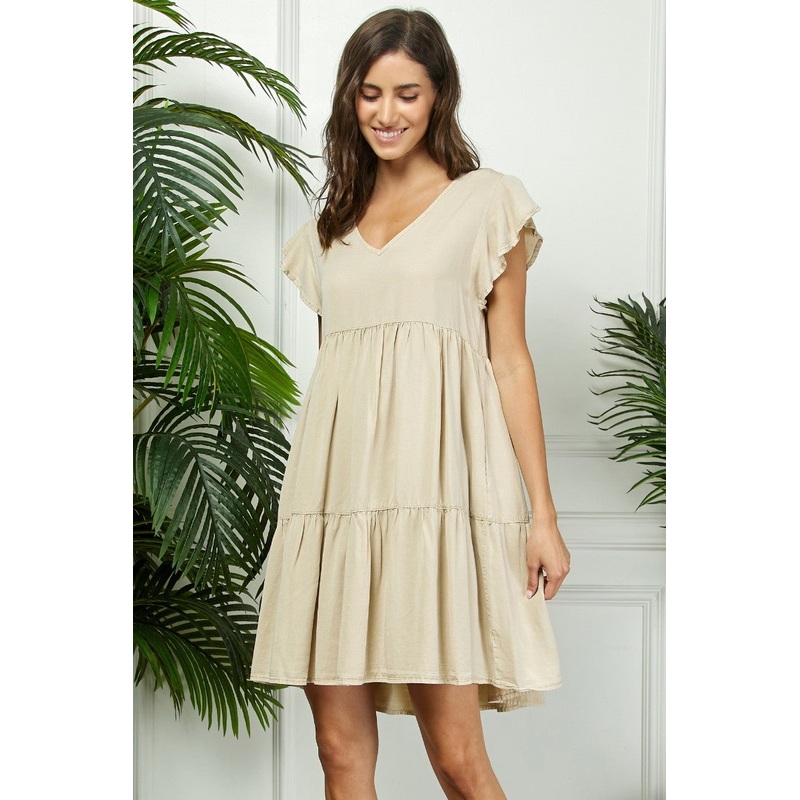 Beige Flutter Sleeve Tiered Dress