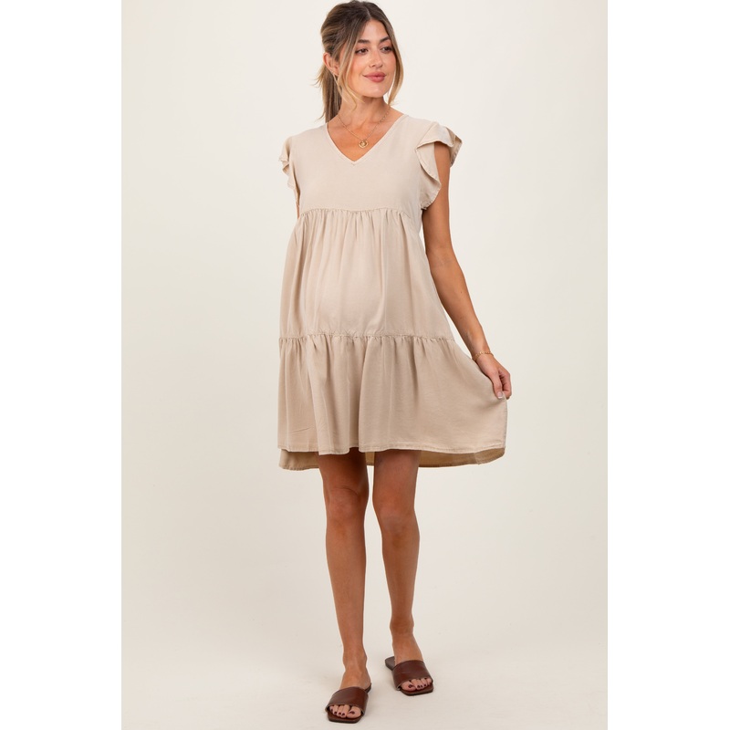 Beige Flutter Sleeve Tiered Maternity Dress