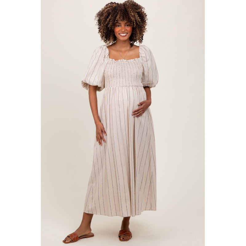 Beige Linen Stripe Puff Sleeve Maternity Midi Dress