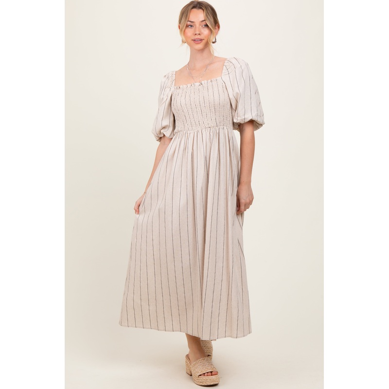 Beige Linen Stripe Puff Sleeve Midi Dress