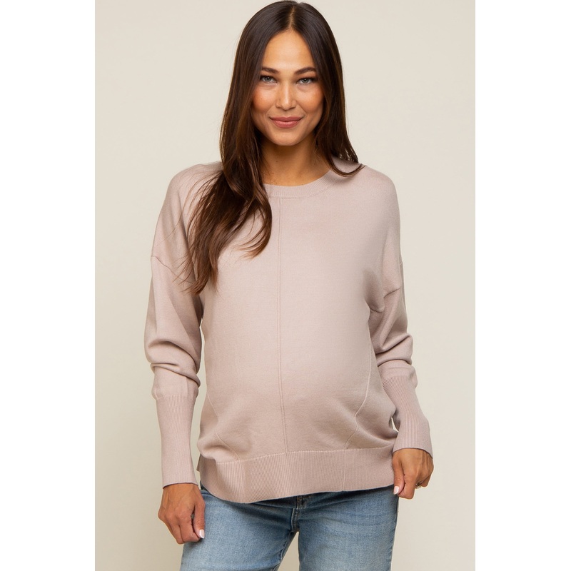 Beige Rib Knit Exposed Seam Maternity Sweater