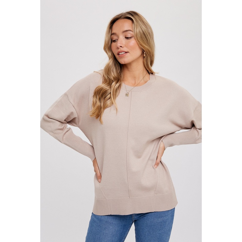 Beige Rib Knit Exposed Seam Sweater