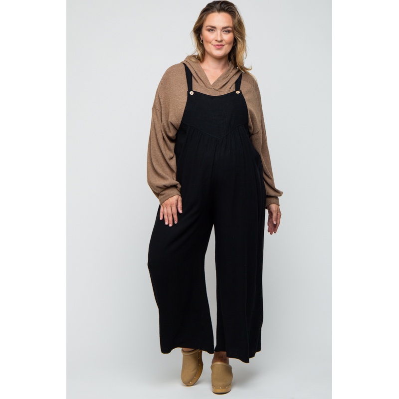 Black Linen Maternity Plus Overalls