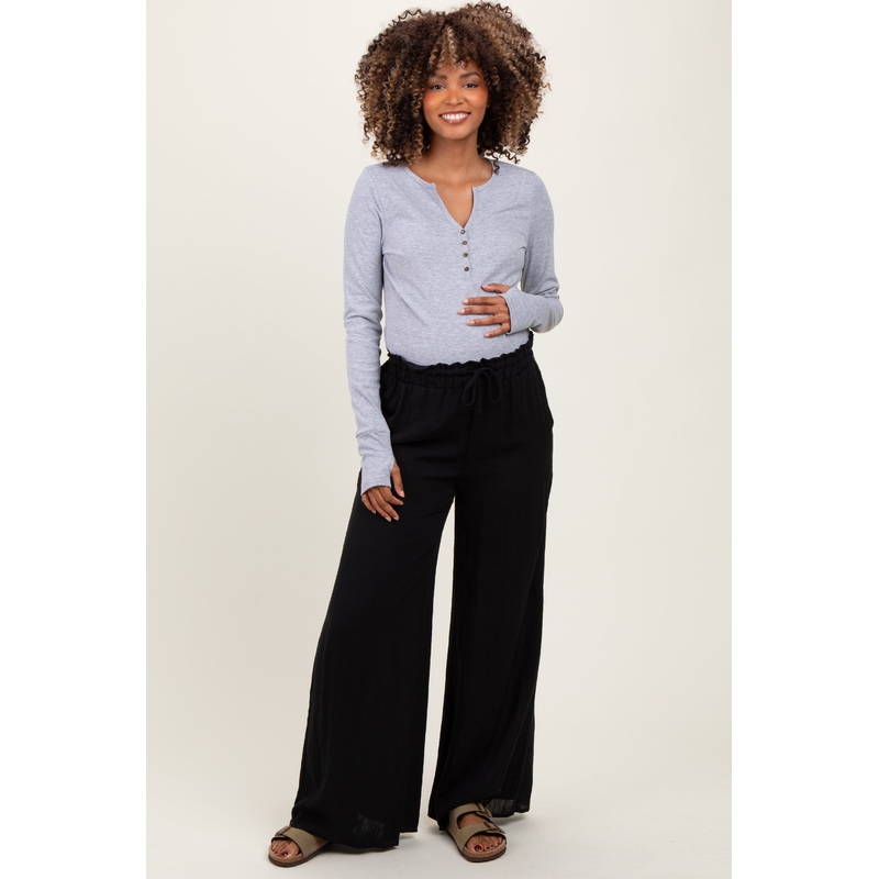 Black Ruffled Drawstring Waist Wide Leg Maternity Pants