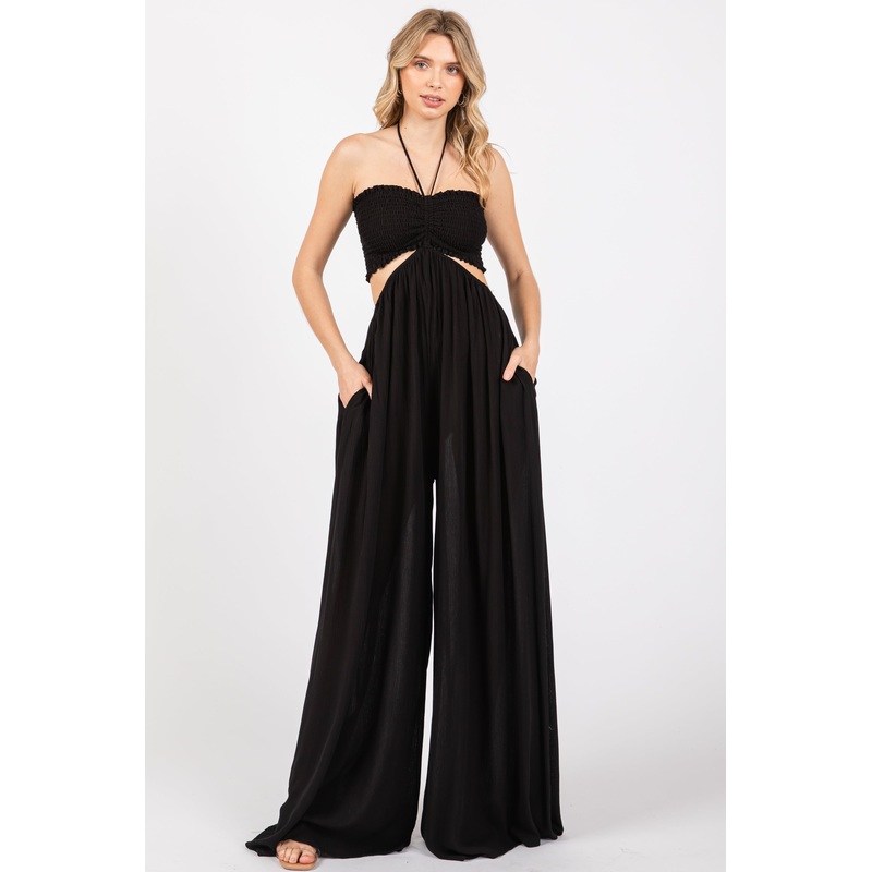 Black Smocked Drawstring Halter Side Cutout Jumpsuit