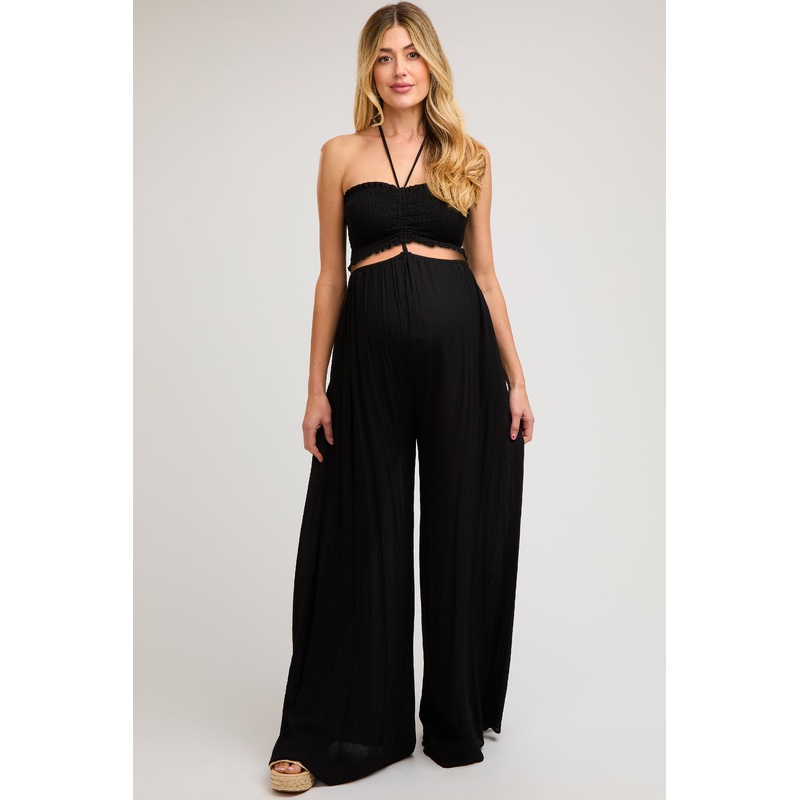 Black Smocked Drawstring Halter Side Cutout Maternity Jumpsuit