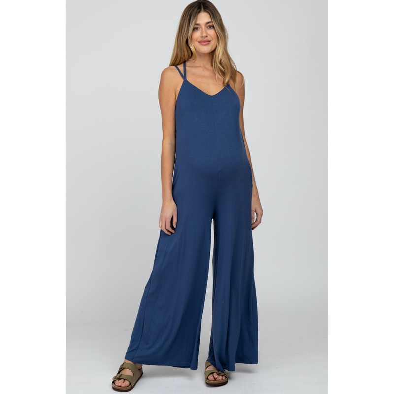 Blue Cross Back Wide Leg Maternity Jumpsuit