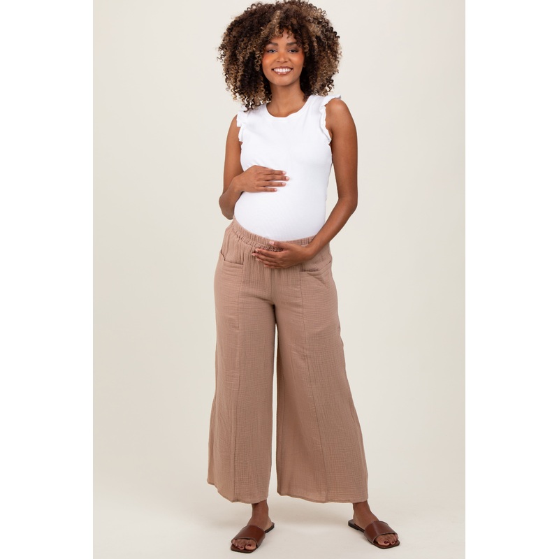 Light Taupe Cotton Gauze Wide Leg Maternity Pants