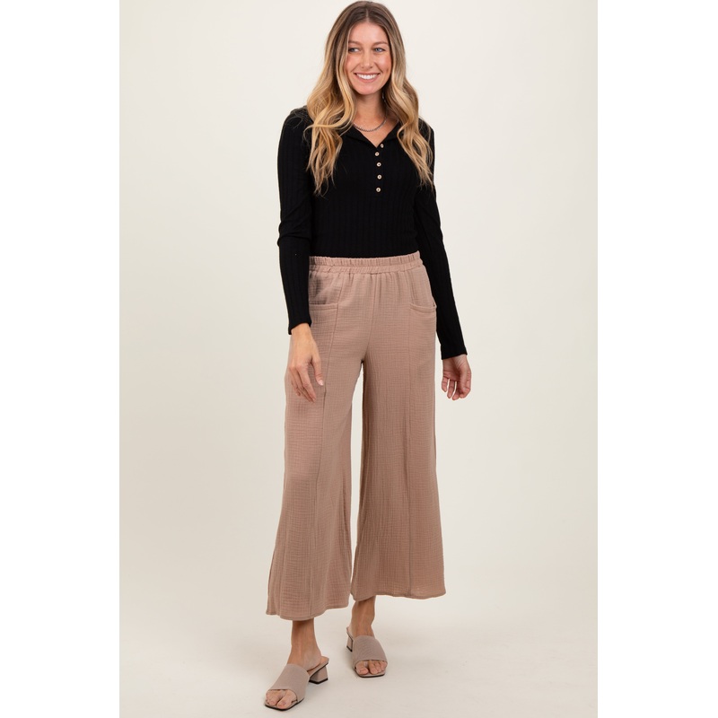 Light Taupe Cotton Gauze Wide Leg Pants