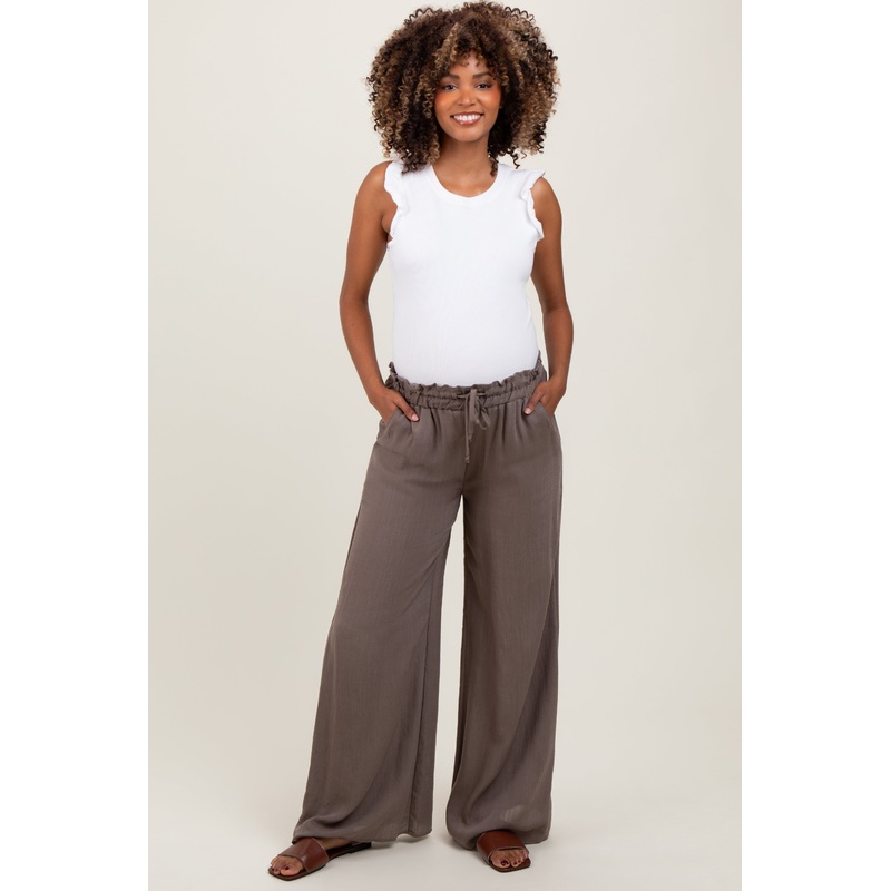 Mocha Ruffled Drawstring Waist Wide Leg Maternity Pants