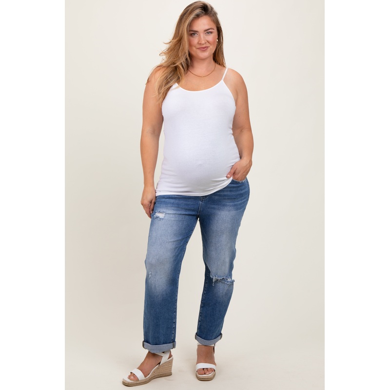 Navy Rolled Hem Distressed Straight Leg Maternity Plus Jeans