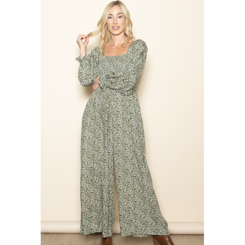 Olive Floral Long Sleeve Wide Leg Jumpsuit