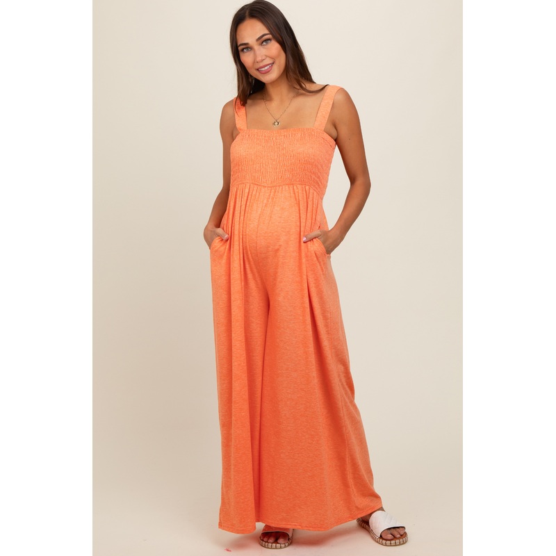 Orange Smocked Wide Leg Maternity Jumpsuit