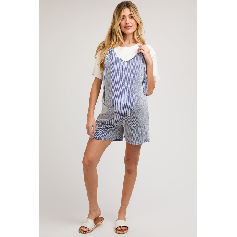 Royal Blue Striped Bow Strap Maternity Romper
