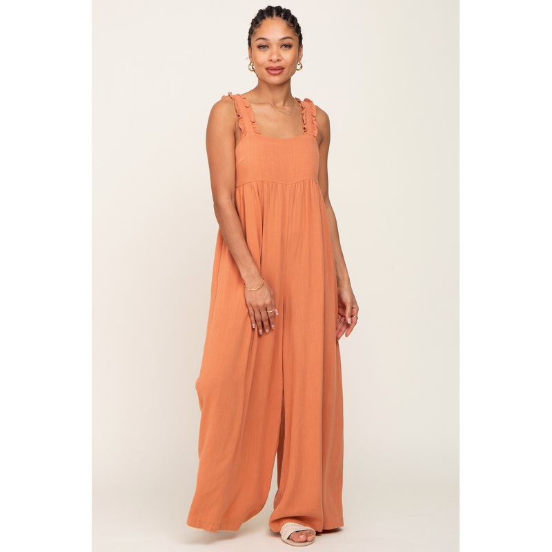 Rust Ruffle Trim Back Tie Jumpsuit