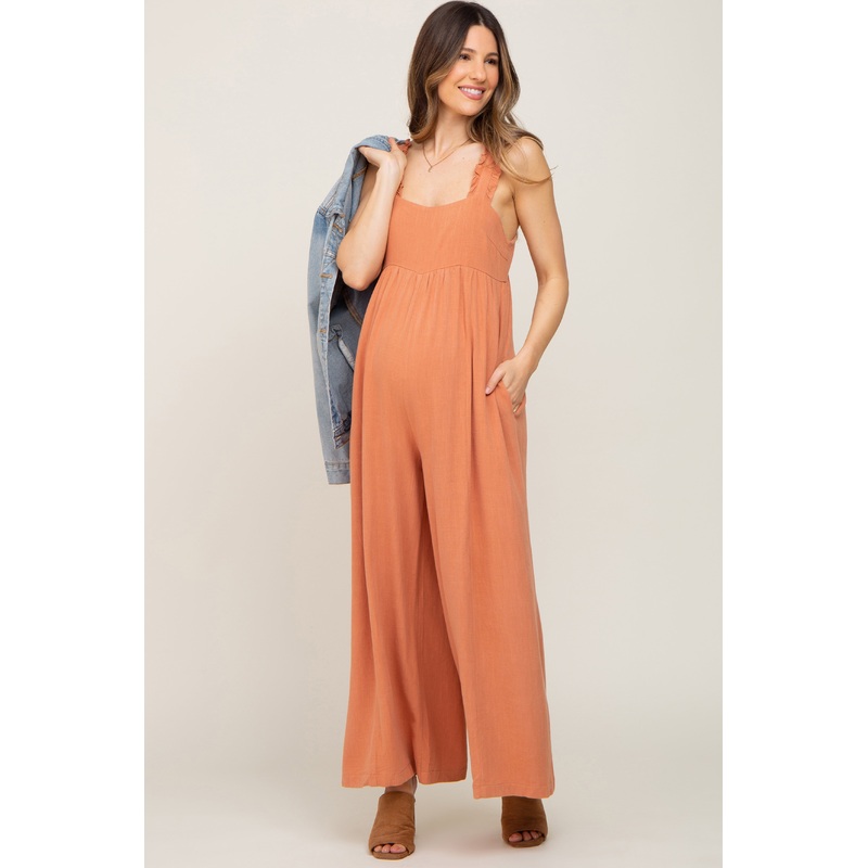 Rust Ruffle Trim Back Tie Maternity Jumpsuit