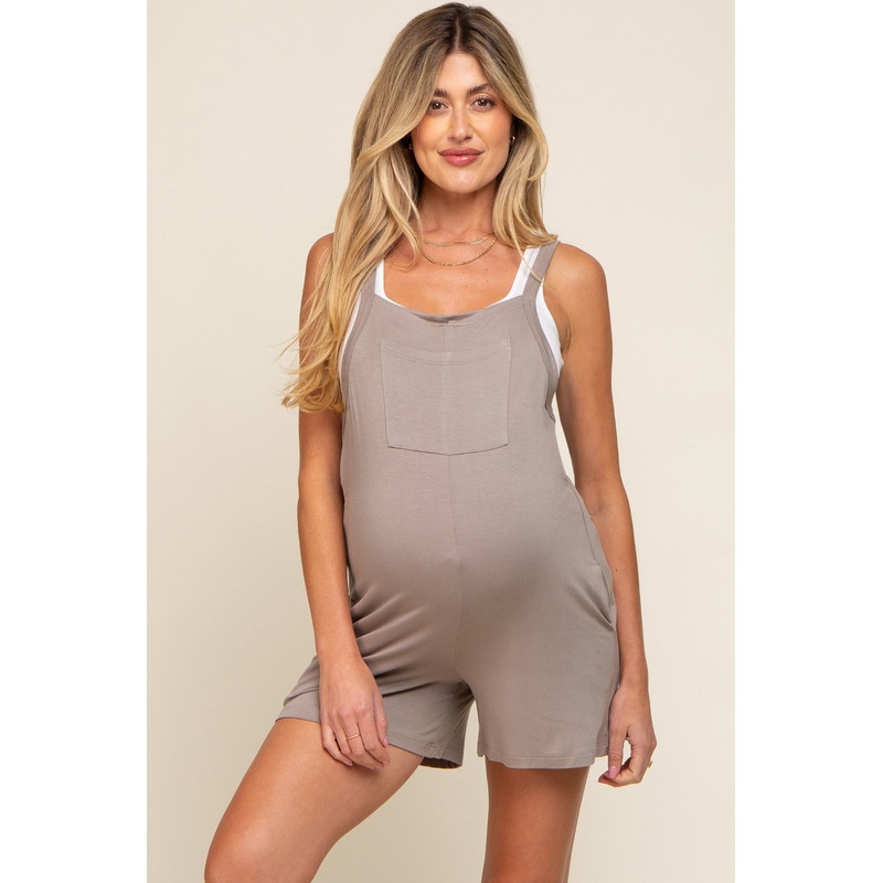 Taupe Front Pocket Overall Knit Maternity Romper
