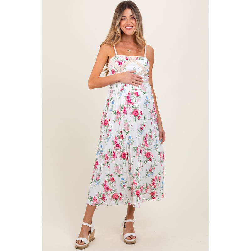 White Floral Pleated Crotchet Detail Maternity Midi Dress
