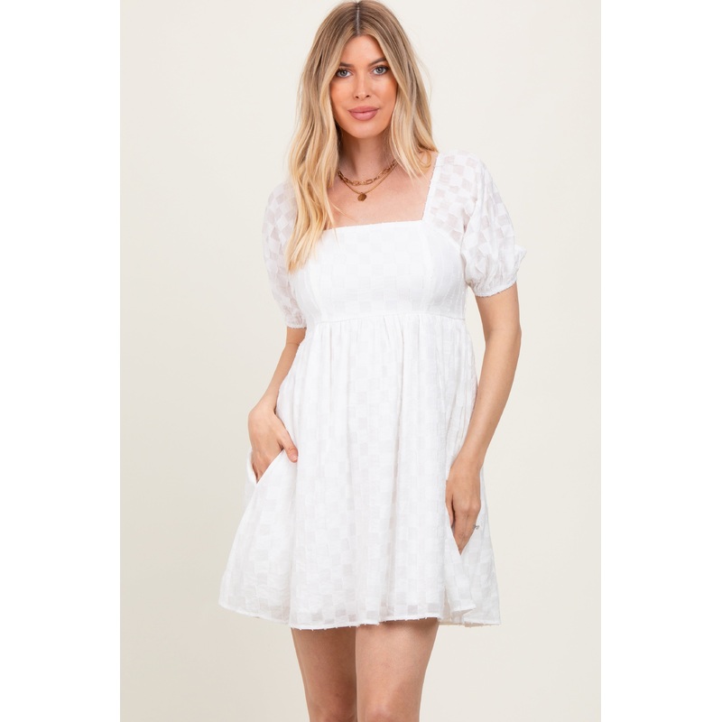 White Smocked Back Textured Babydoll Mini Dress
