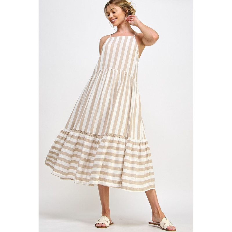 White Taupe Stripe Midi Dress