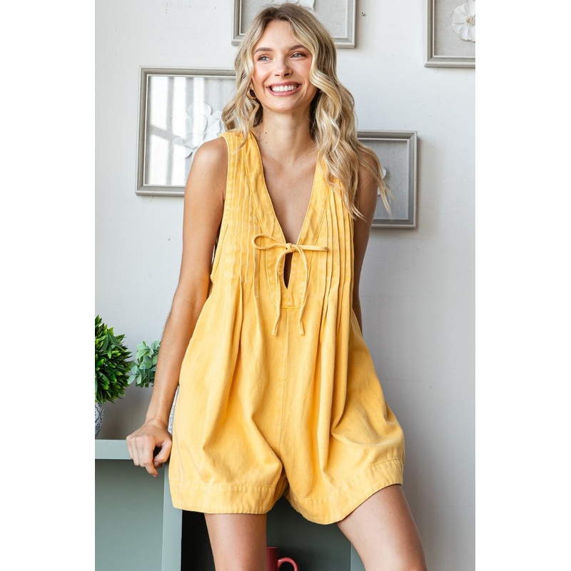 Yellow Deep V-Neck Pleated Front Tie Sleeveless Romper