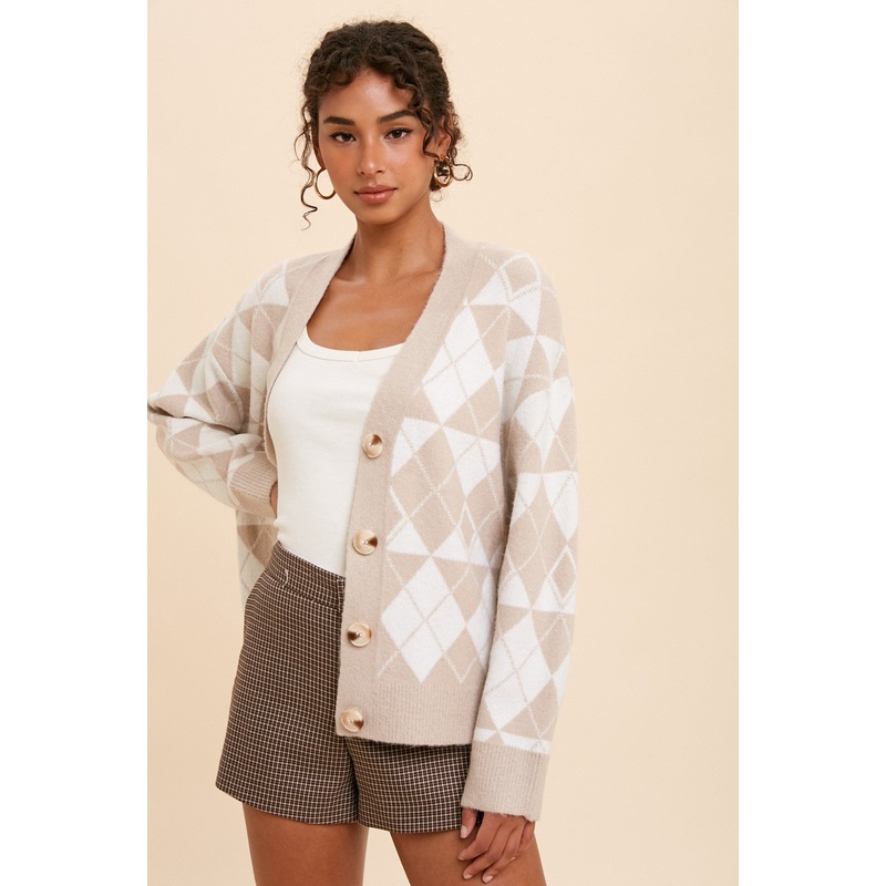 Beige Argyle Button Front Cardigan