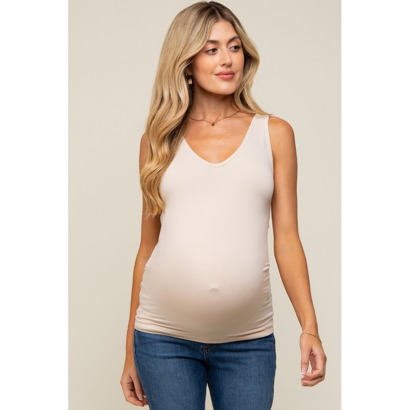 Beige Basic V-Neck Seamless Maternity Tank
