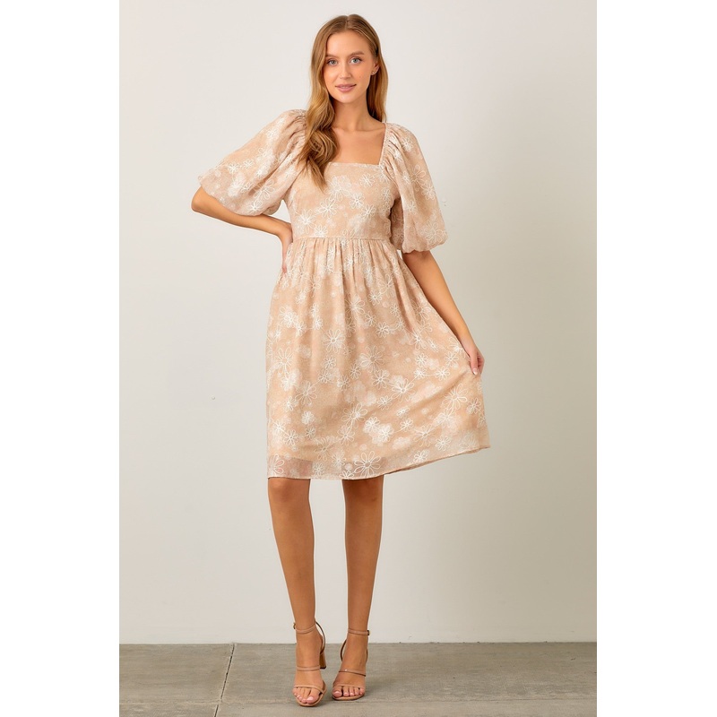 Beige Floral Embroidered Short Puff Sleeve Dress