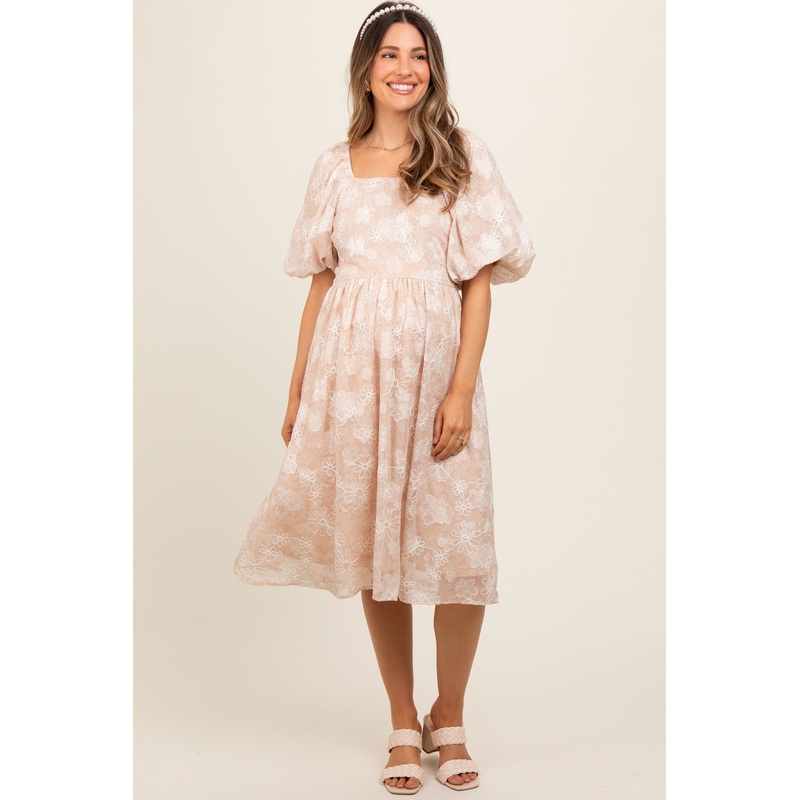 Beige Floral Embroidered Short Puff Sleeve Maternity Dress