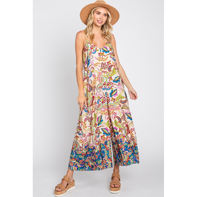 Beige Floral Paisley Cropped Jumpsuit