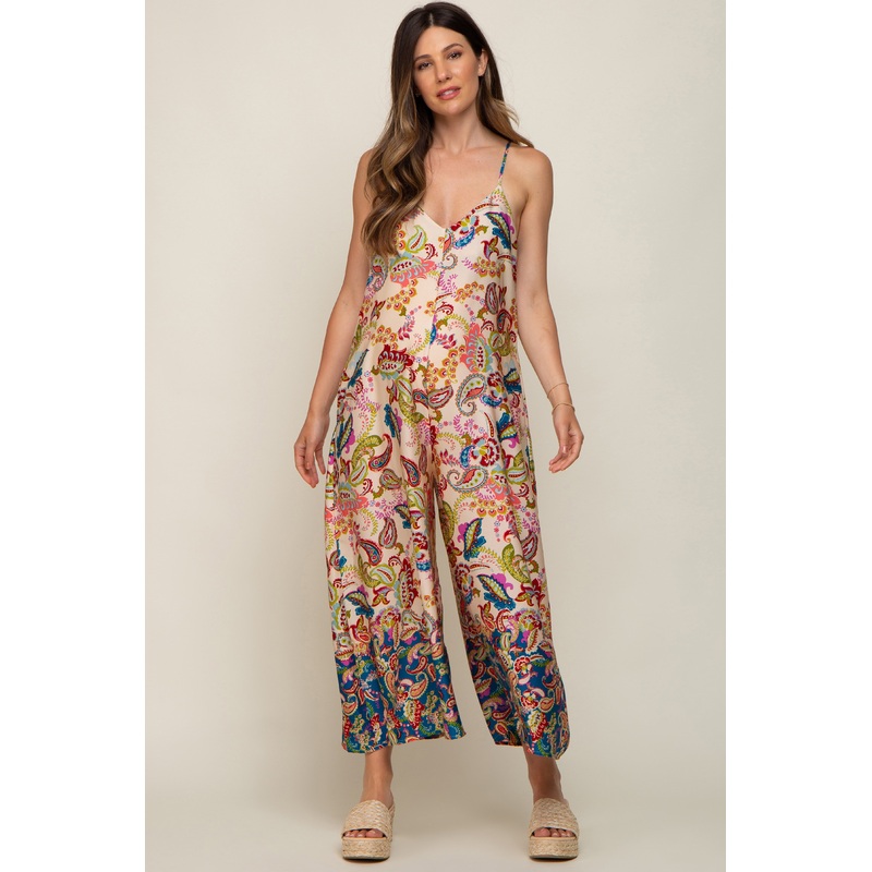 Beige Floral Paisley Cropped Maternity Jumpsuit